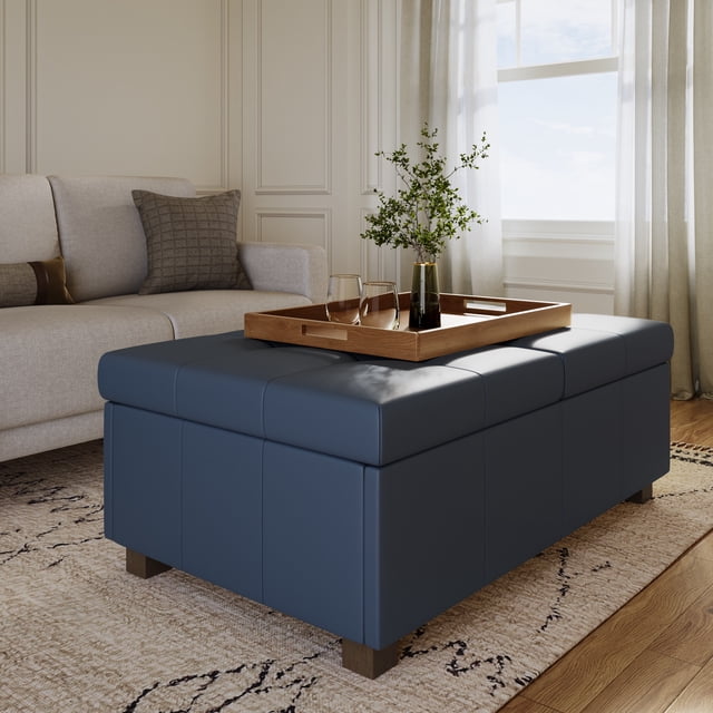 CorLiving Antonio Large Faux Leather Rectangular Ottoman with Double Storage, Dark Blue