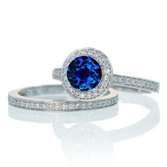 2 Carat Unique Classic Halo Round Sapphire and Diamond Bridal Ring Set on 10k White Gold