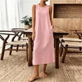 thumbnail image 2 of Kukoosong Women's Sleeveless Round Neck Tank Maxi Dress, Solid Color Back Pleated Cotton Linen Long Dress, Loose Fit Casual Long Shift Dress with Side Pockets, 2 of 7