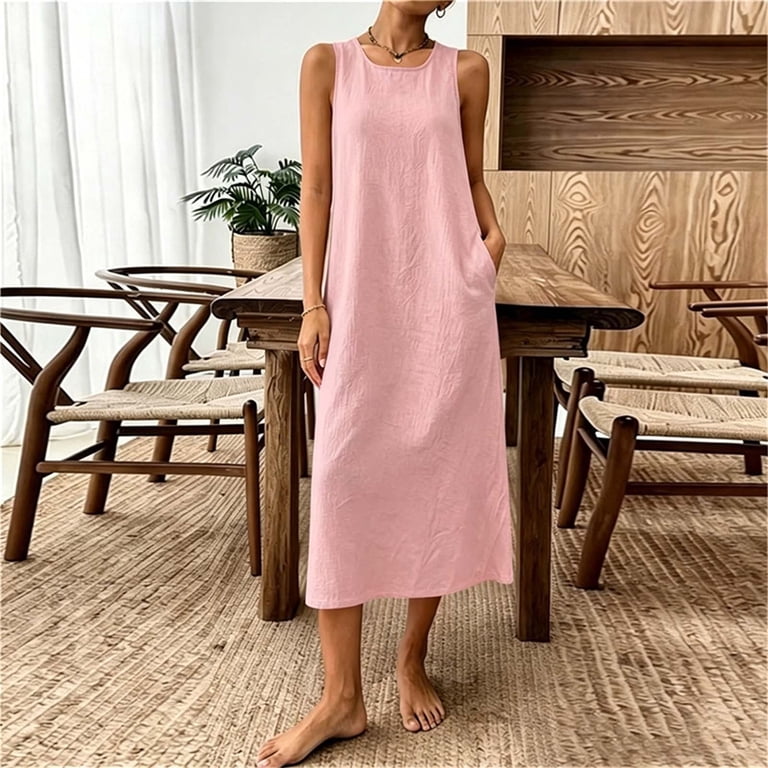 loose tank maxi dress Kukoosong Women's Sleeveless Round Neck Tank Maxi Dress, Solid Color Back Pleated Cotton Linen Long Dress, Loose Fit Casual Long Shift Dress with Side