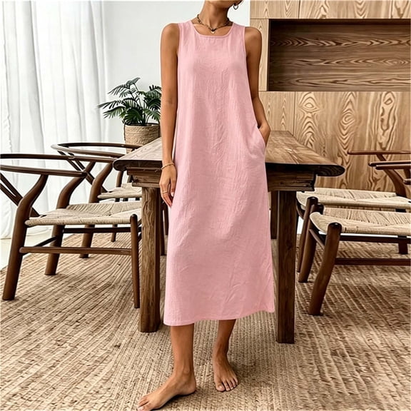 QUNYINEY Cotton Linen Womens Sun Dresses Pink Sleeveless Midi Casual Tank Dress with Pockets Loose Fit Beach Crew Neck Drop Shoulder Dresses