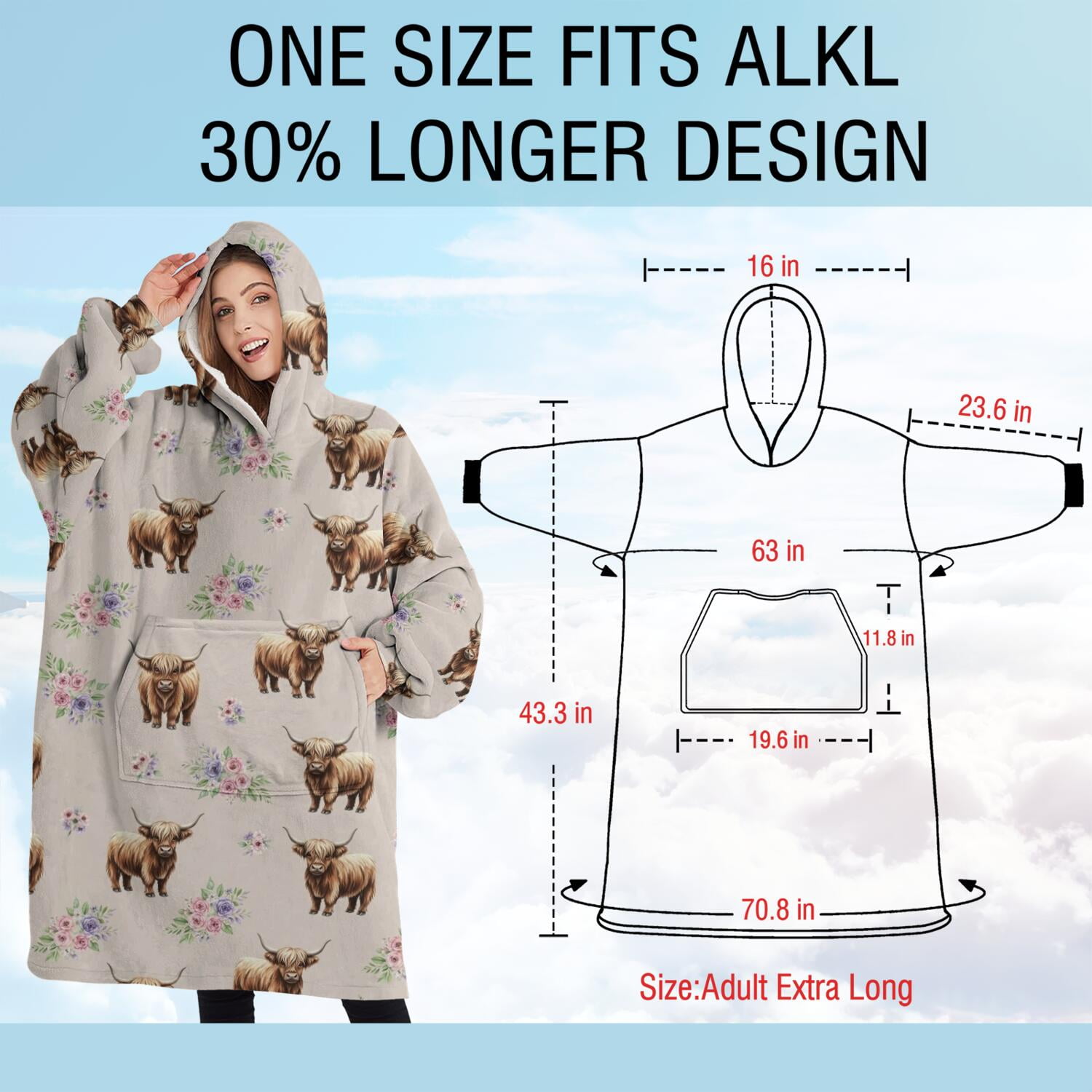 Oversized Wearable Blanket Hoodie,Beige Highland Cow Flower Pattern Sherpa Blanket Hoodie with Super Pockets,Super Warm Fuzzy Pullover for Women & Men