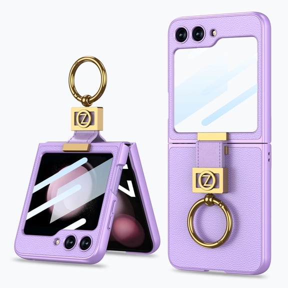 for Samsung Galaxy Z Flip 6 Case with Finger Ring, Soft PU Leather Hard PC Shell Durable Anti-Scratch Shockproof Protective Kickstand Slim Phone Case Cover with Screen Protector, Purple