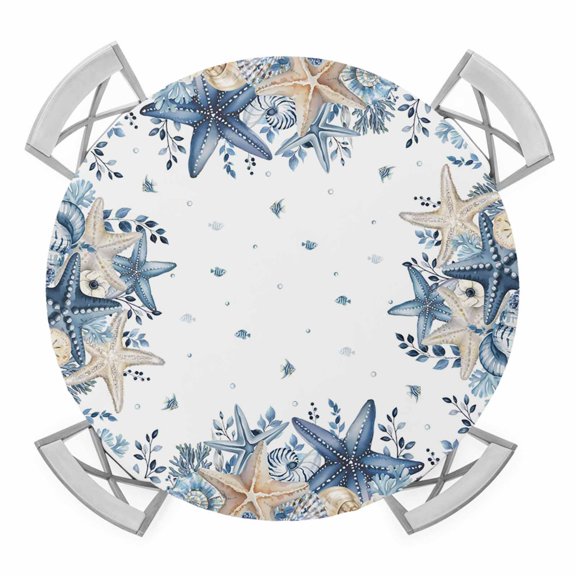 Elastic Fitted Round Tablecloth, Starfish Coastal Waterproof Stretch Table Cover for 45"-54" Tables, Nautical Eucalyptus Leaves Summer Ocean Washable Outdoor Tablecloths for Patio, Picnic, Camping