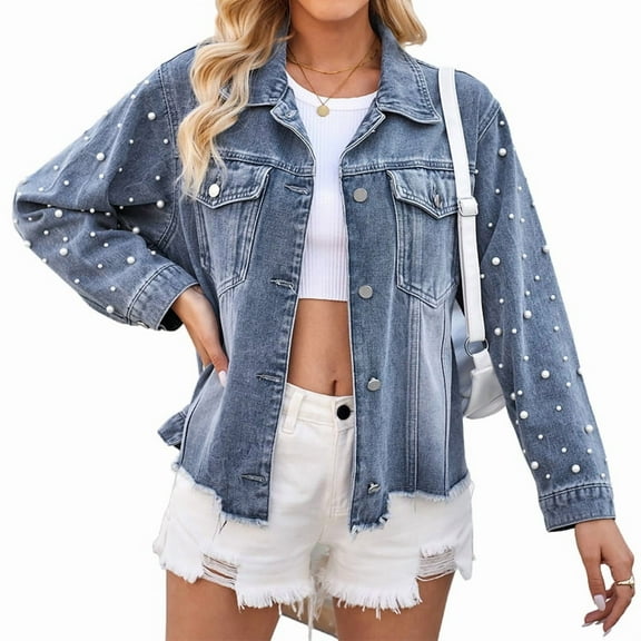 Women Oversized Denim Jacket Beading Jeans Coat