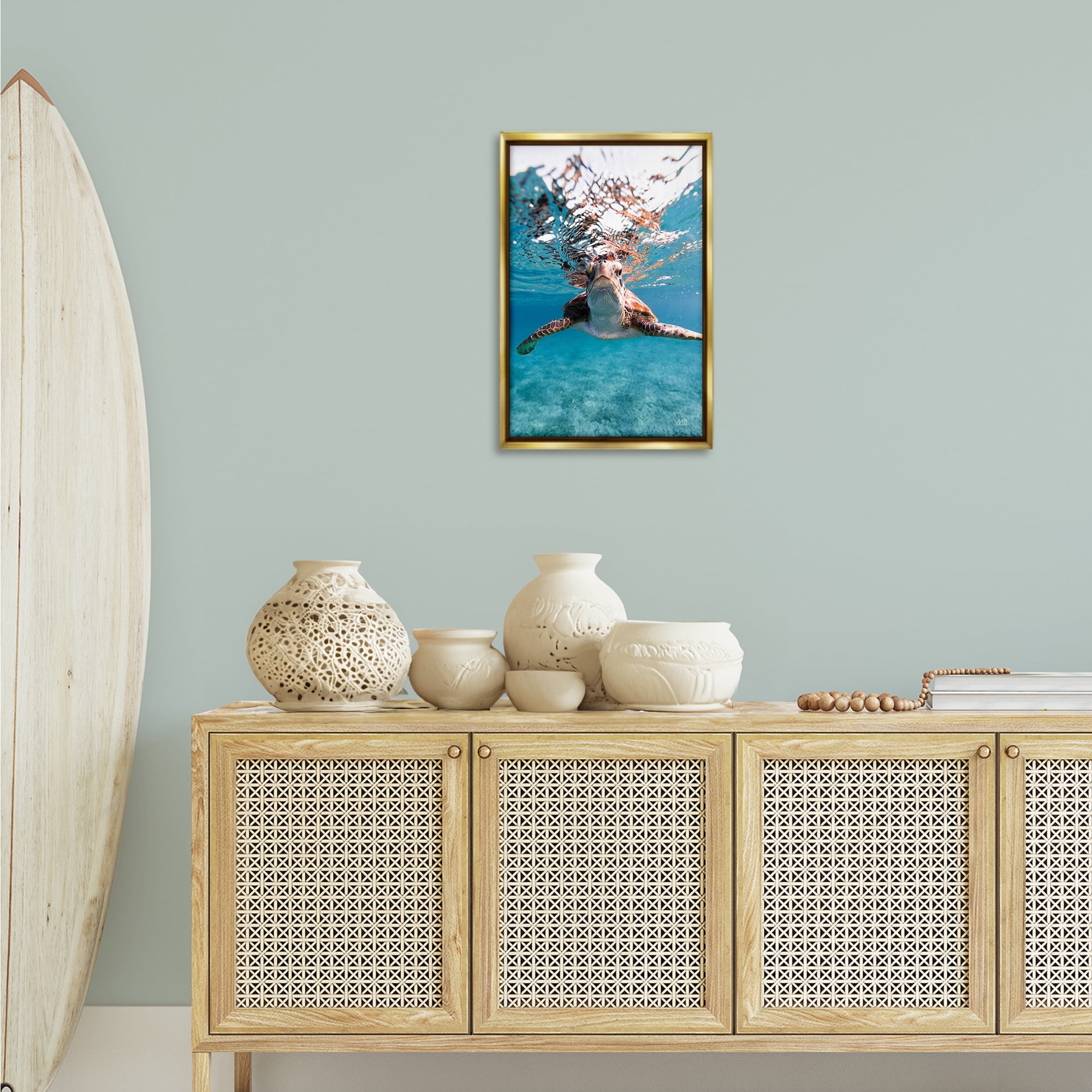 Stupell Industries Hello Sea Turtle Splash Animals Photography Gold Floater Framed Canvas Art Print Wall Art, 17 x 25