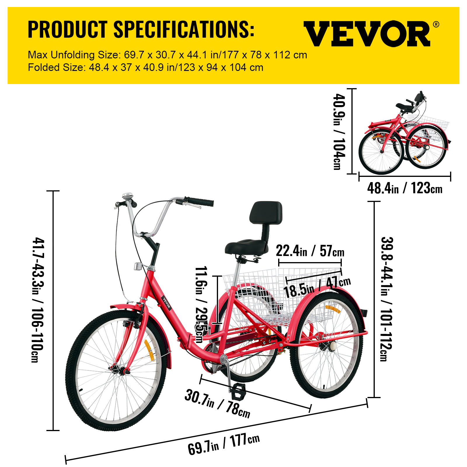 VEVOR Foldable Tricycle 24 inch Wheels,1-Speed Red Trike, 3 Wheels Colorful Bike with Basket, Portable and Foldable Bicycle for Adults Exercise Shopping Picnic Outdoor Activities - image 2 of 9
