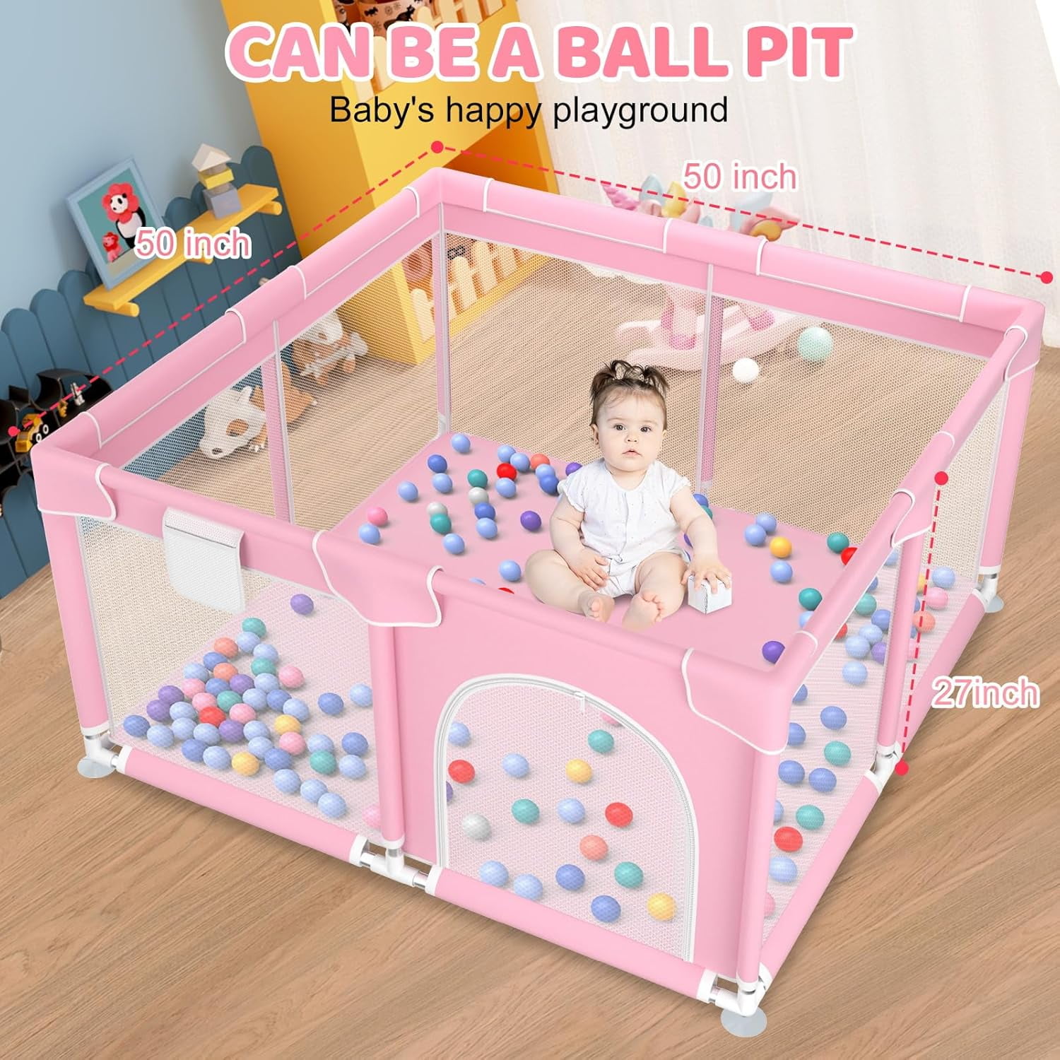 kmaier Baby Play Yards, 360° Visibility Baby Playpen, Sturdy Secure, Large Tourist Fence for Toddler-Pink