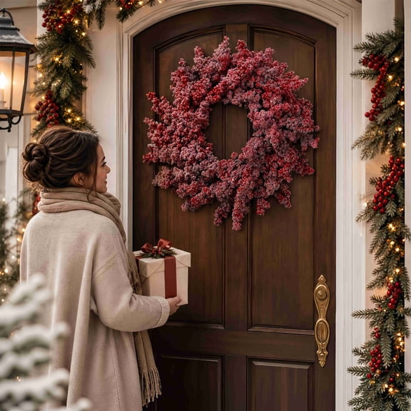 Orangide Christmas Wreath Artificial Flocked Snow Berry Holiday Front Door Wall Winter Decor