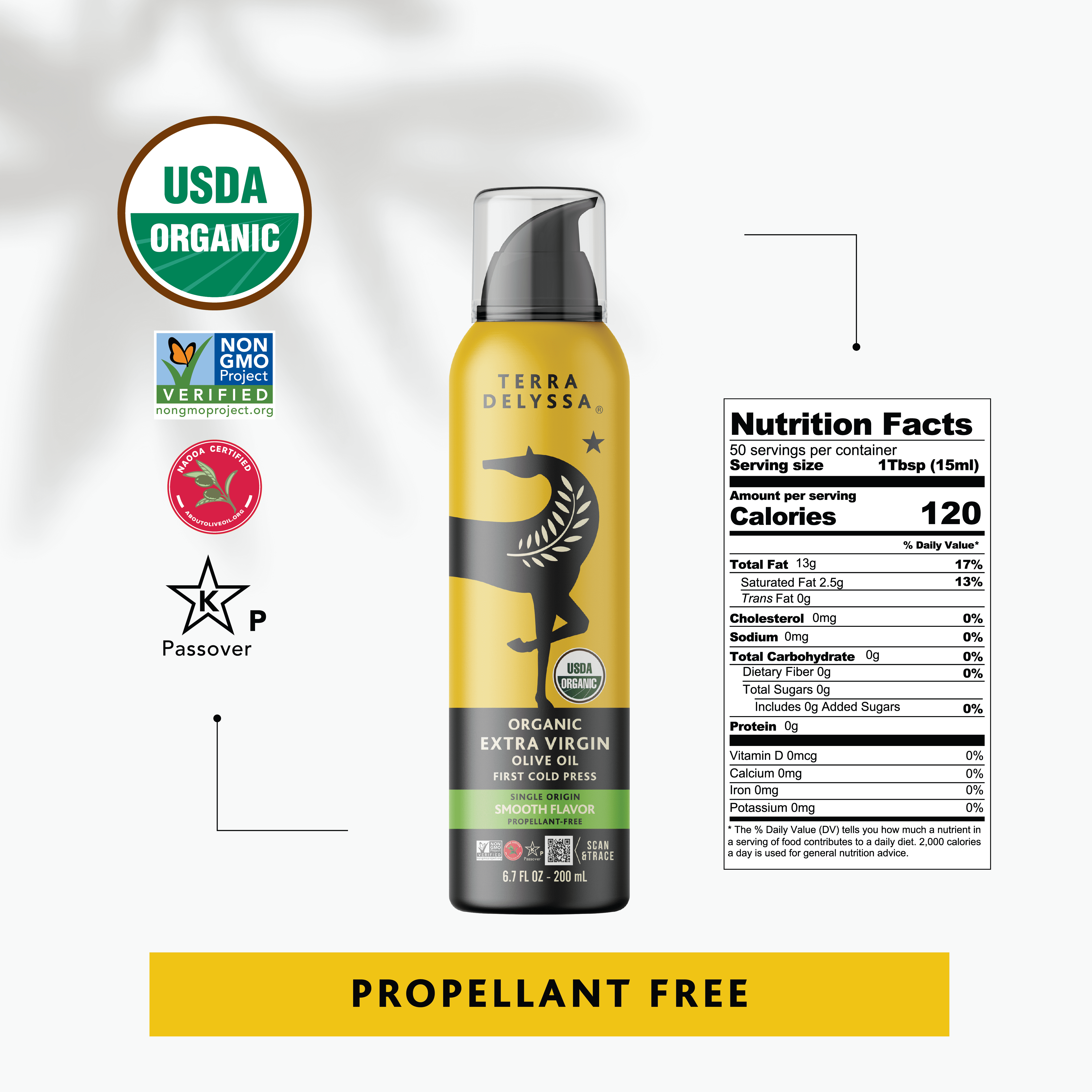 Terra Delyssa Organic Extra Virgin Olive Oil Spray Smooth Flavor First Cold Pressed Single Origin Fully Traceable Award Winning