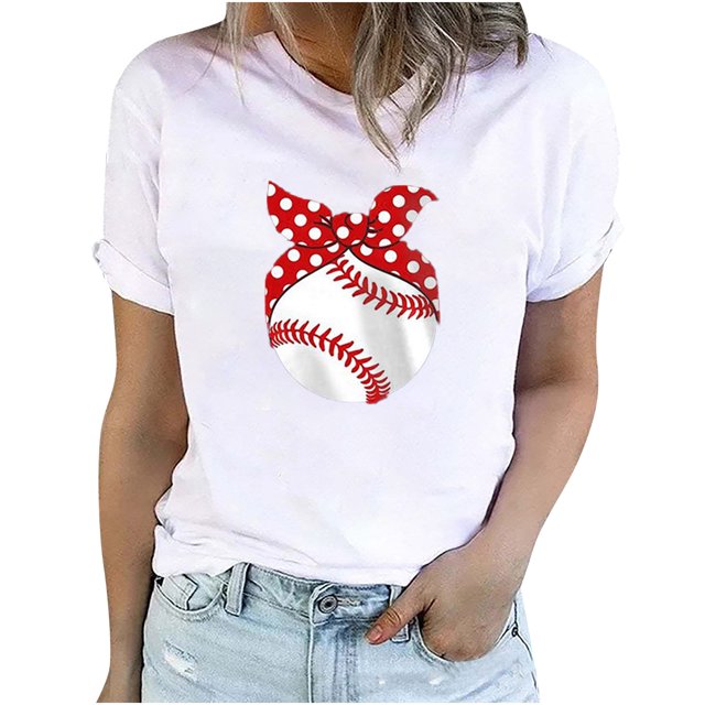 EQWLJWE Hauts d'Été pour Femmes Hauts pour Femmes Liquidation Mode Féminine Été Col Rond Loisirs Manches Courtes Imprimé Baseball