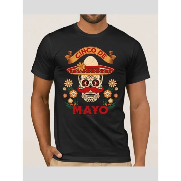 Men's Cinco de Mayo T-Shirt - Vibrant Day of the Dead Skull Design, Black Cotton Crew Neck Tee for Festivals & Casual Wear, Soft & Breathable Summer Shirt
