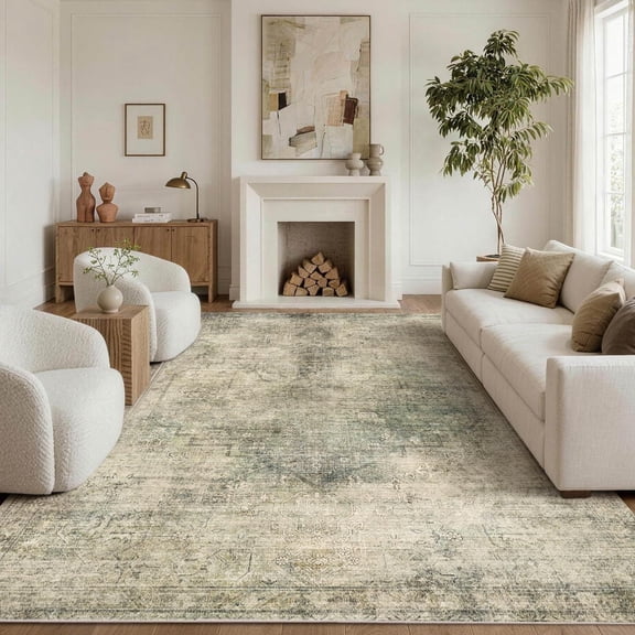Green Beige Vintage Washable 6 Foot by 9 Foot Low Pile Non Slip Distressed Floral Boho Area Rug