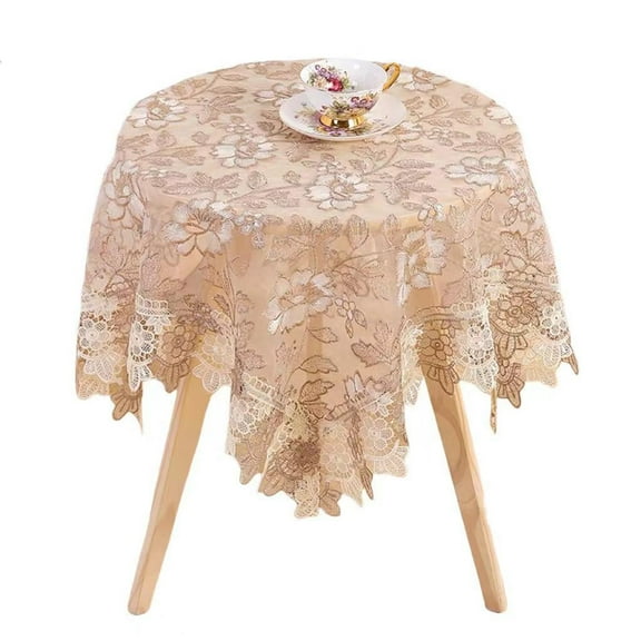 Retro Round Lace Tablecloth 92cm Embroidered Table Cover Decorative Dining Doily for Wedding & Cafe, Brown with White Flora