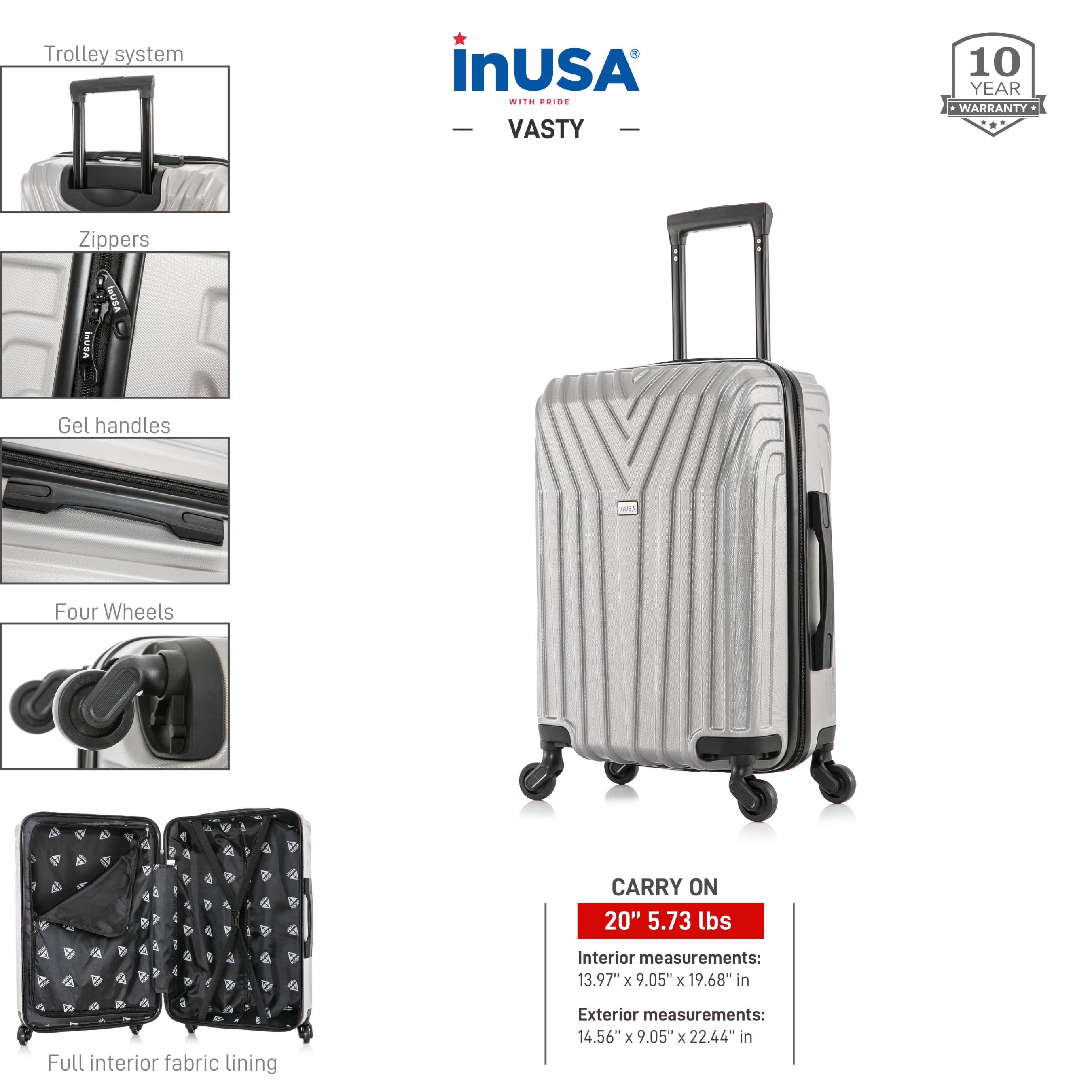 InUSA Vasty 20" Hardside Lightweight Luggage with Spinner Wheels, Handle, and Trolley, Gray
