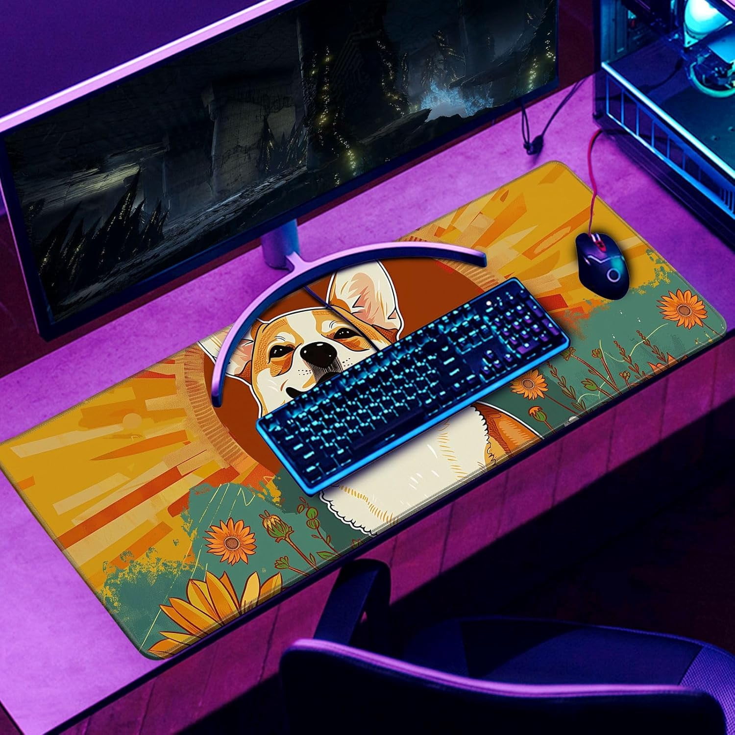 Cute Dog Mouse Desk Pad Kawaii Yellow Desk Mat Desk Decor Large Gaming Mouse Pad Desk Mousepad Computer Office Keyboard Laptop Big Corgi Mouse Pad Xl(31.5x11.8 In)-With Non-Slip Base Stitched Eges