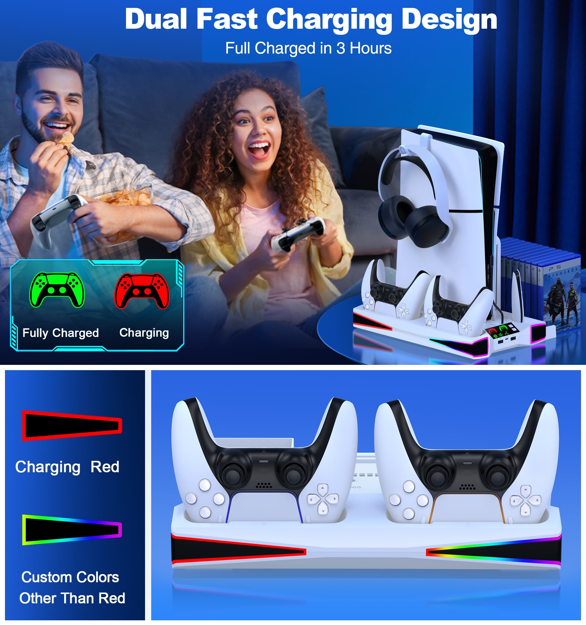 PS5 Stand Cooling Station with Dual PS5 Charging Dock, QQV PS5 Accessories Cooling Fan for PS5 Pro, Slim,Disc, Digital