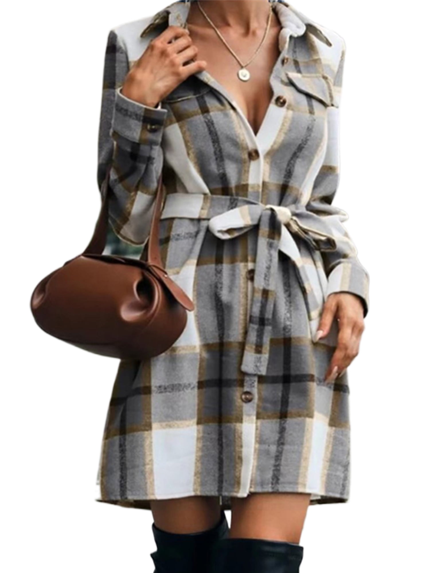 Avamo Ladies Plaid Lapel Neck Coat Button Down Short Mini Dress Overcoats  Check Print Autumn Outwear Gray L