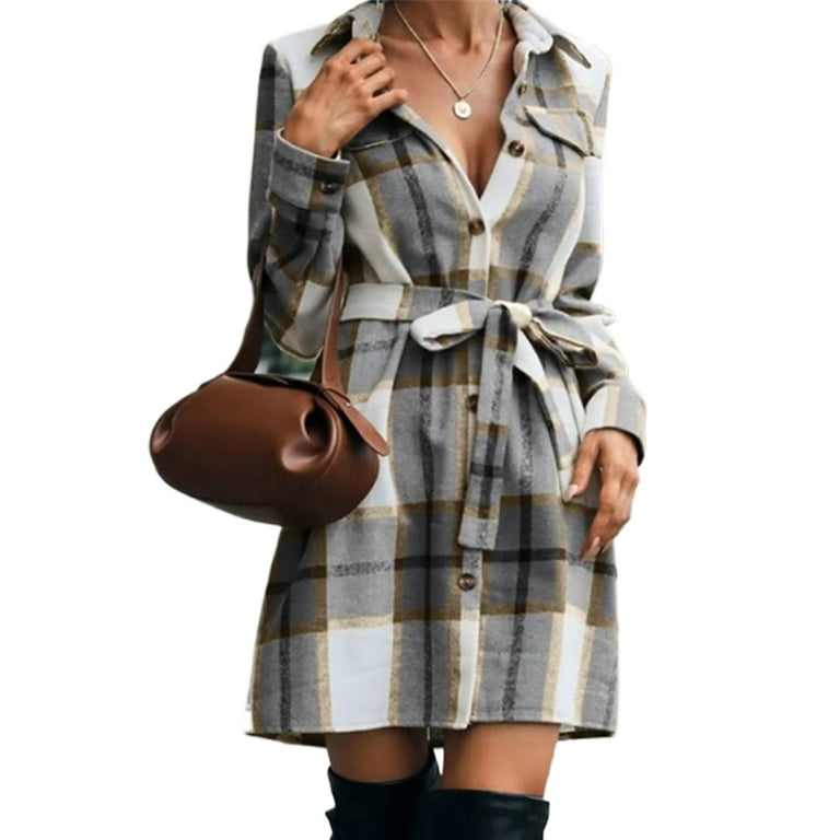 Avamo Ladies Plaid Lapel Neck Coat Button Down Short Mini Dress Overcoats  Check Print Autumn Outwear Gray L
