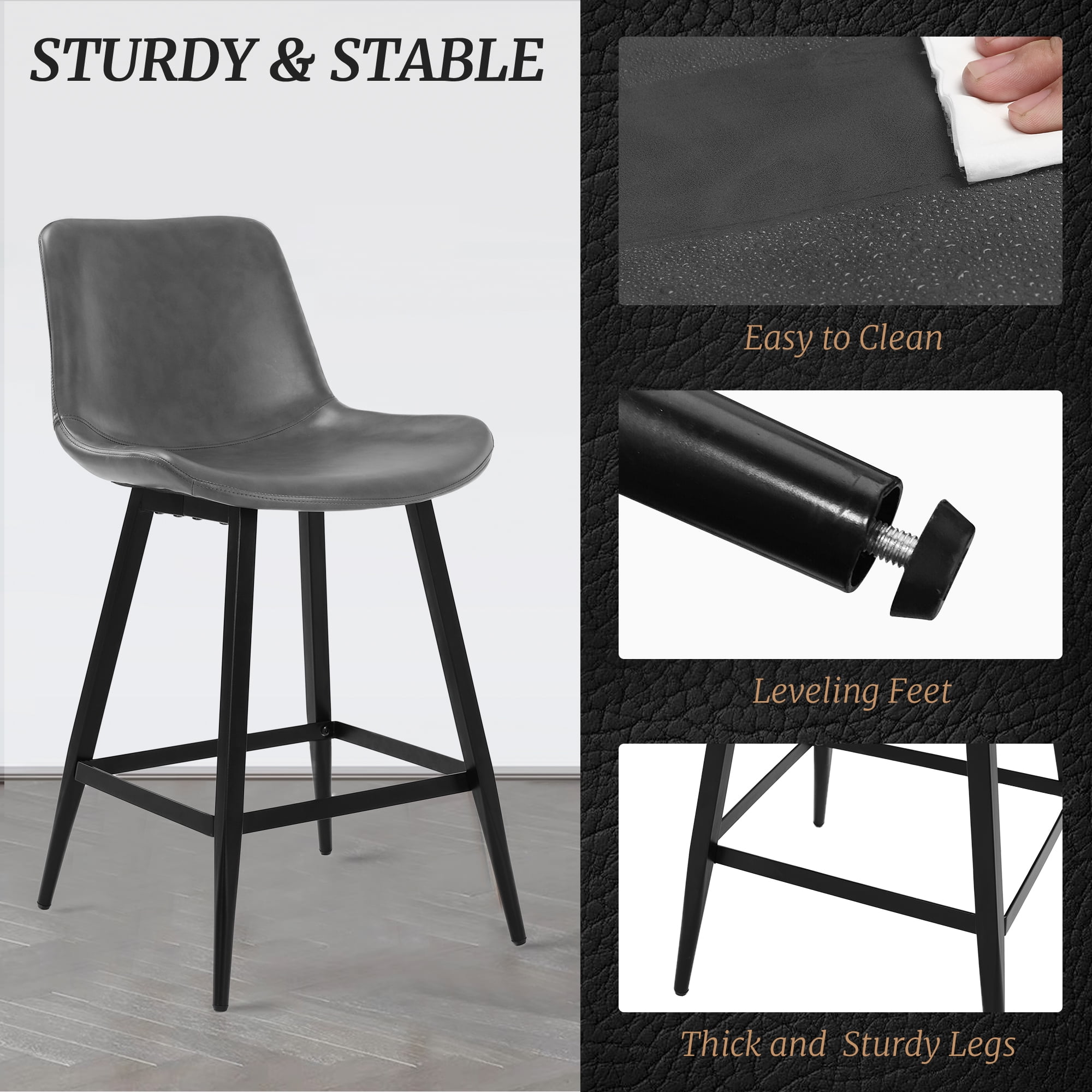 Dycanpo Modern Faux Leather 24 Inch,Counter Height Bar Stools Set of 3,for Home Kitchen, Gray