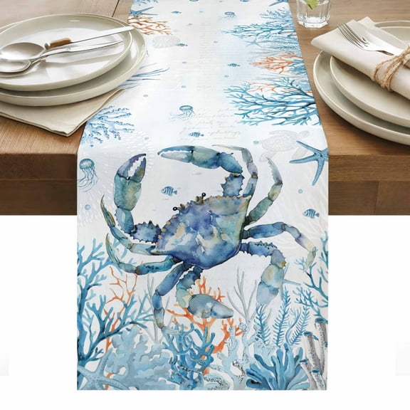Crab Table Runner - 60 Inch Long, Kitchen Dining Table Runner Dresser Scarves, Blue Coastal Starfish Ocean Coral Nautical Farmhouse Decor for Coffee Tables Wedding Party Banquet