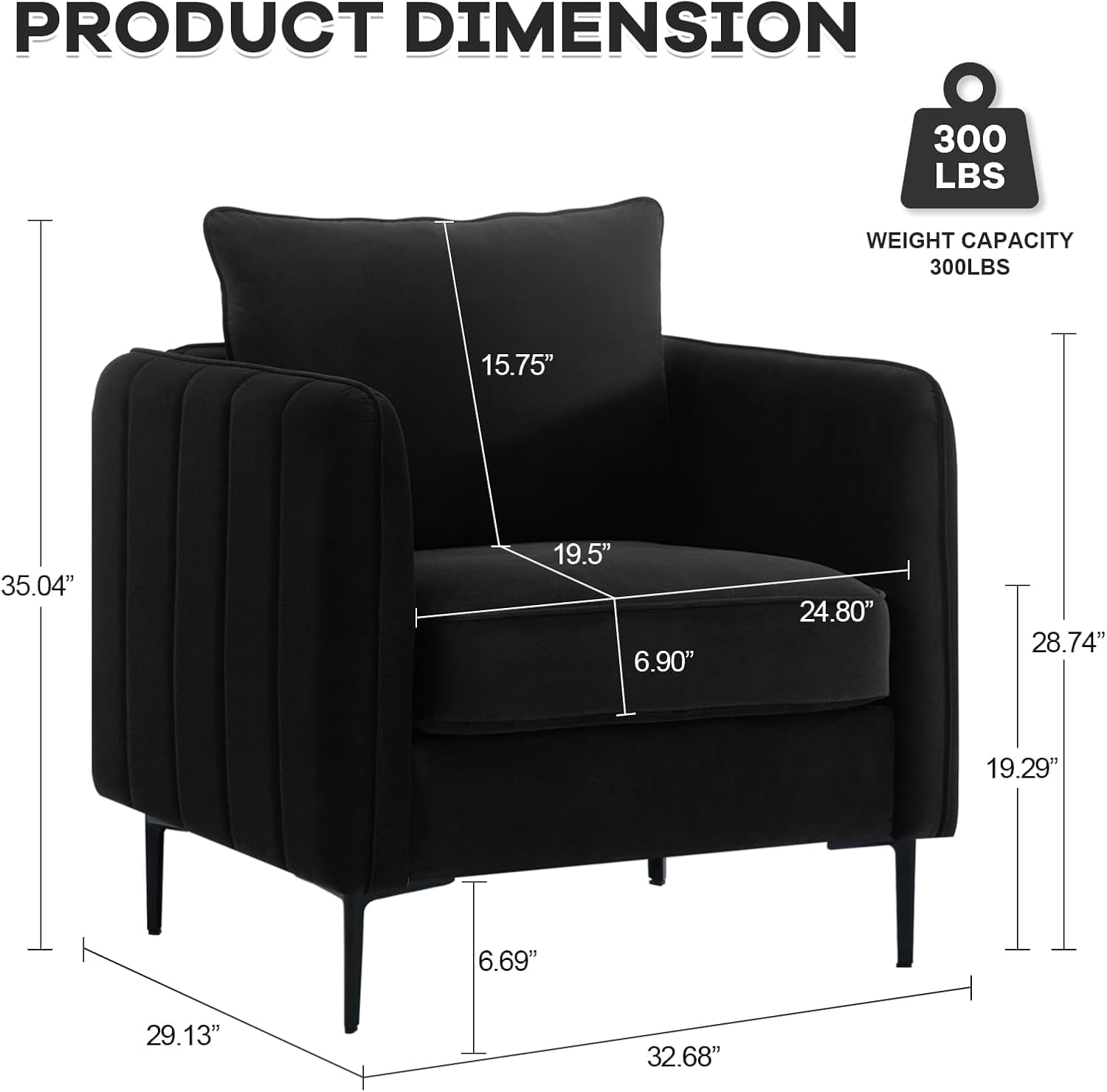 Aukfa Velvet Accent Chair with Channel-Tufted Arms, Modern Single Sofa Chair with Pillow & Metal Legs for Living Room & Bedroom,Black