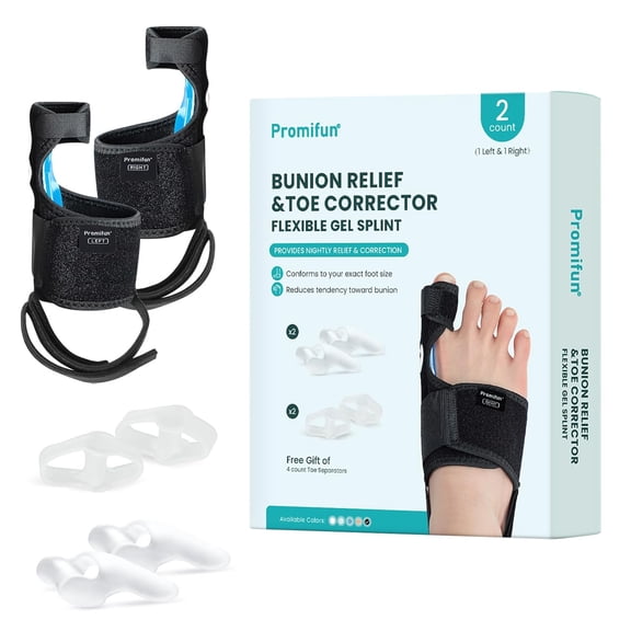 Promifun Bunion Corrector 1 Pair Adjustable Toe Splint Broken Toe Pain Relief Support Brace Non Slip Strap for Women & Men,Black