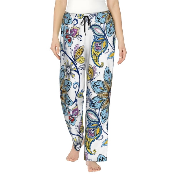 Fotbe Flowers and Butterflies Pantalones de Pijama para Mujer, Pantalones de Dormir, Pantalones Pj con Cordón y Bolsillos-3X-Large