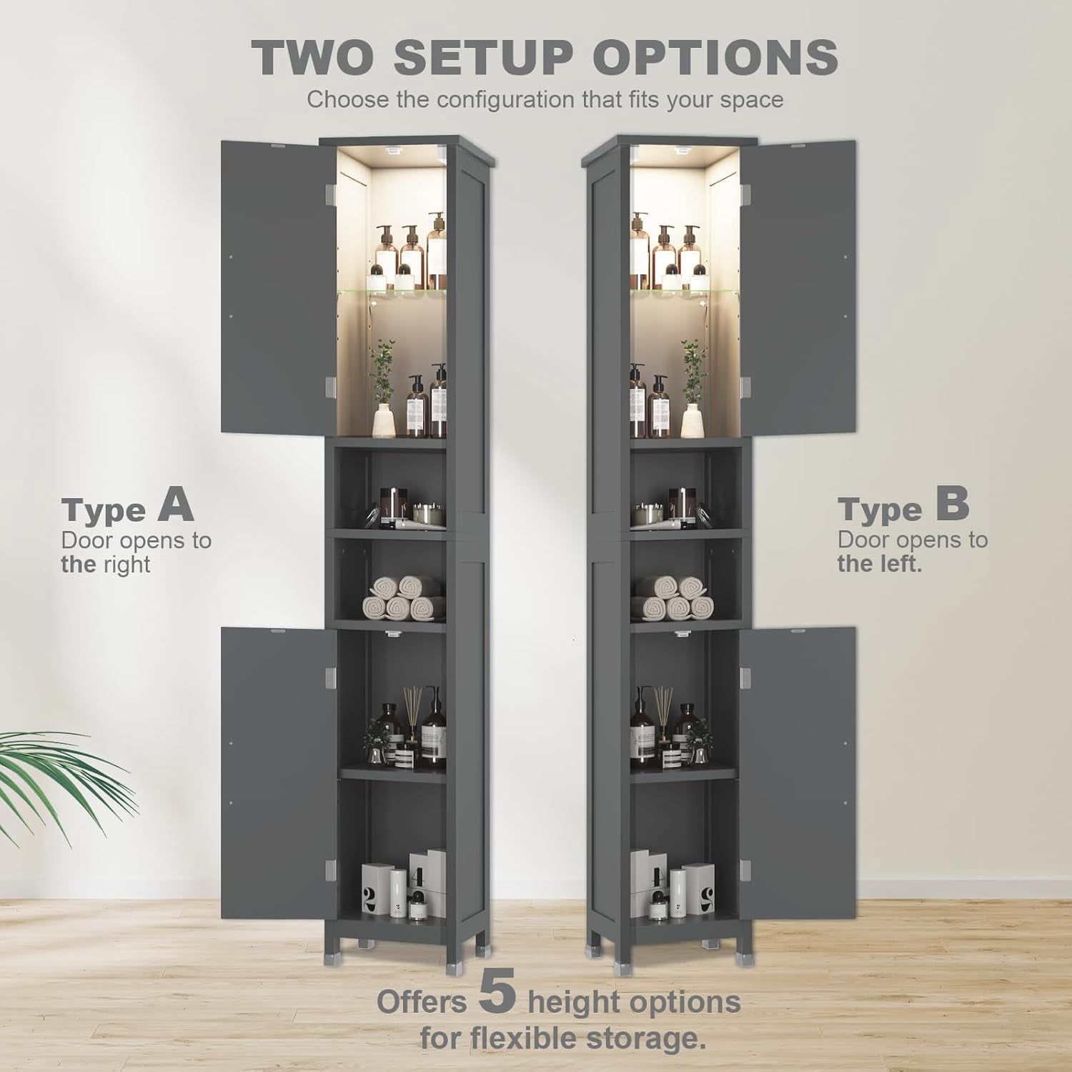 67" Tall Bathroom Storage Cabinet with Lights, Slim Narrow Bathroom Cabinet Organizer with Doors and Adjustable Shelves, Tall Cabinet for Small Space, Living Room, Kitchen, Gray