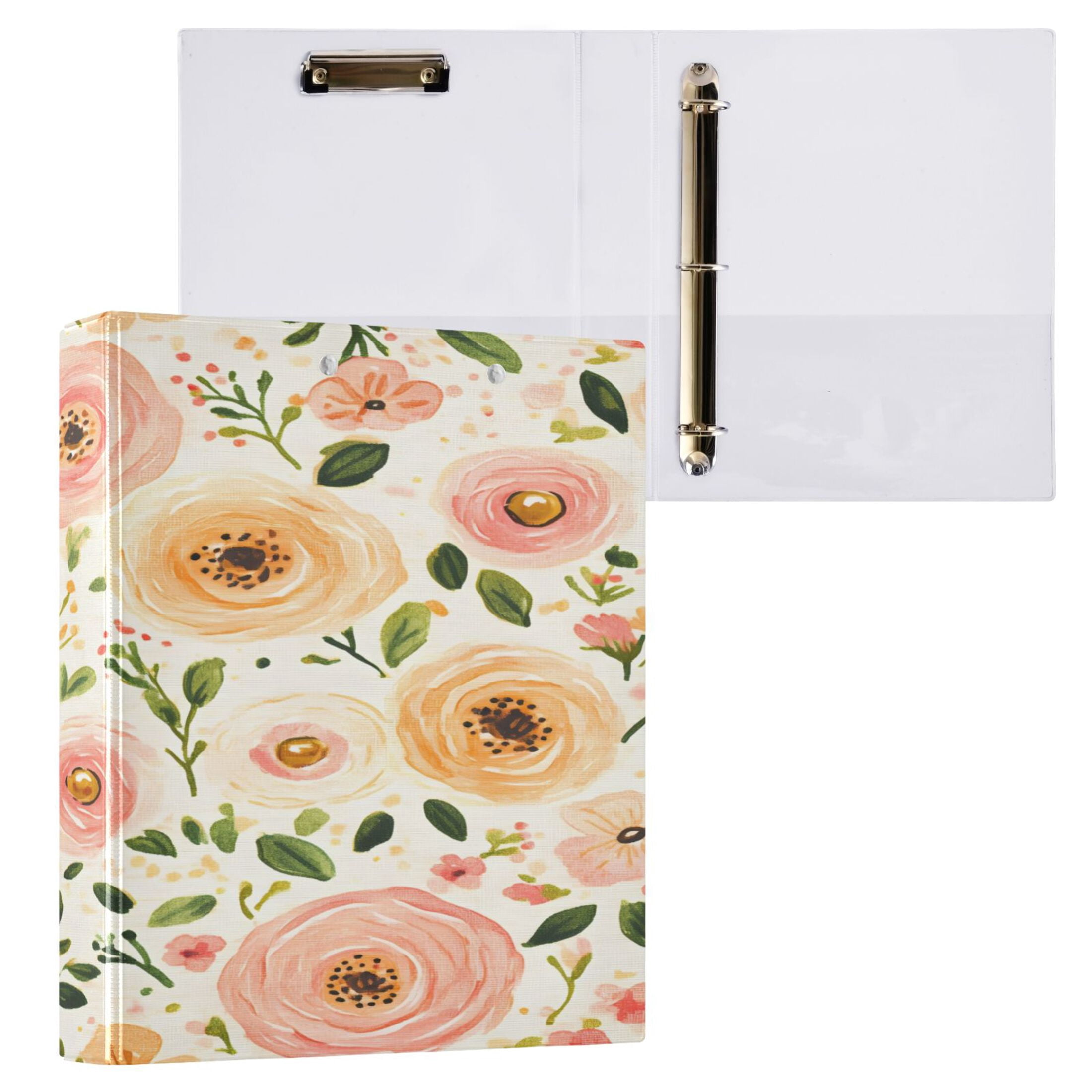 Soft Pink Floral Pattern 12.4x10.6in PVC Round Ring Binder, D-Ring 3-Hole, Metal Clip, 200 Sheets