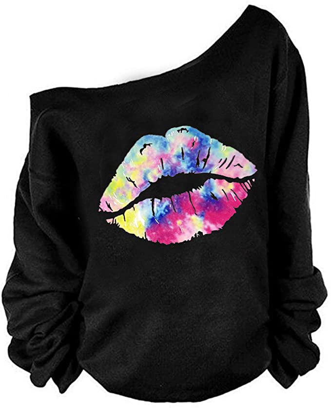 MAGICMK Woman’s Sweatershirt Lips Print Causal Blouse Off The Shoulder Long Sleeve Loose Slouchy Pullover Plus Size Tops 