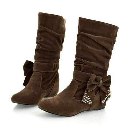 

Yinguo Retro Women Flock Rhinestones Bow Tie Low Heeled Slip On Mid Calf Boots Round Toe Shoes
