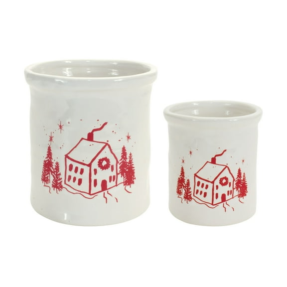 Home Decorative Crock with House (Set of 4) 4"D x 4.5"H, 5.25"D x 5.75"H Clay
