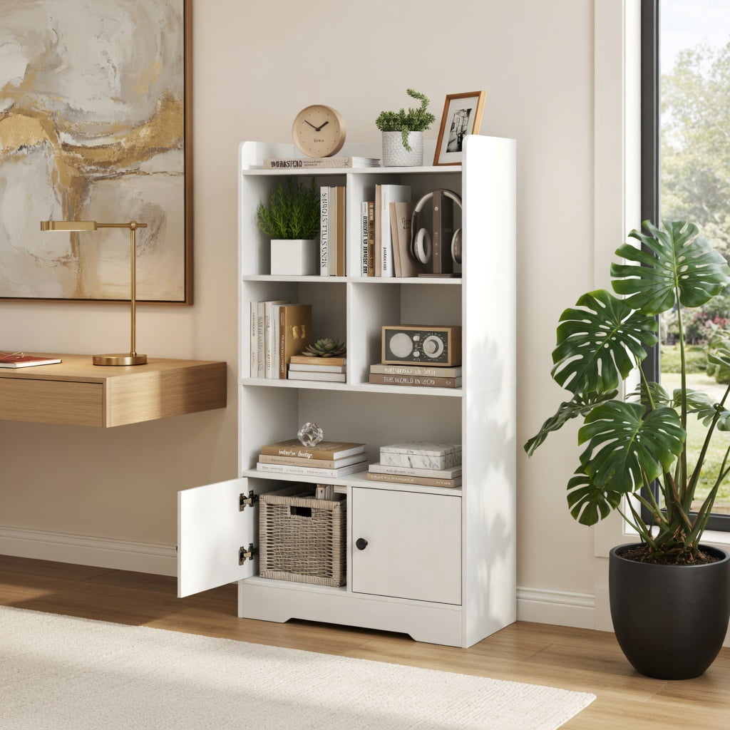 Spaco 4 Tiers Bookshelf with 4 Cubes Display Shelf and 2 Doors-White, Tall Bookshelf, Shelves for Living Room, Home Office, Bedroom, Balcony