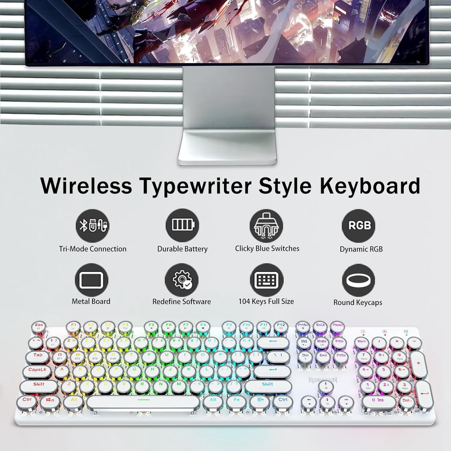 Wireless Typewriter Mechanical Gaming Keyboard, Bluetooth/2.4Ghz/Wired, RGB LED Backlit, Blue Switch - Clicky, Rechargeable, Solid Metal Panel, Round Keycaps