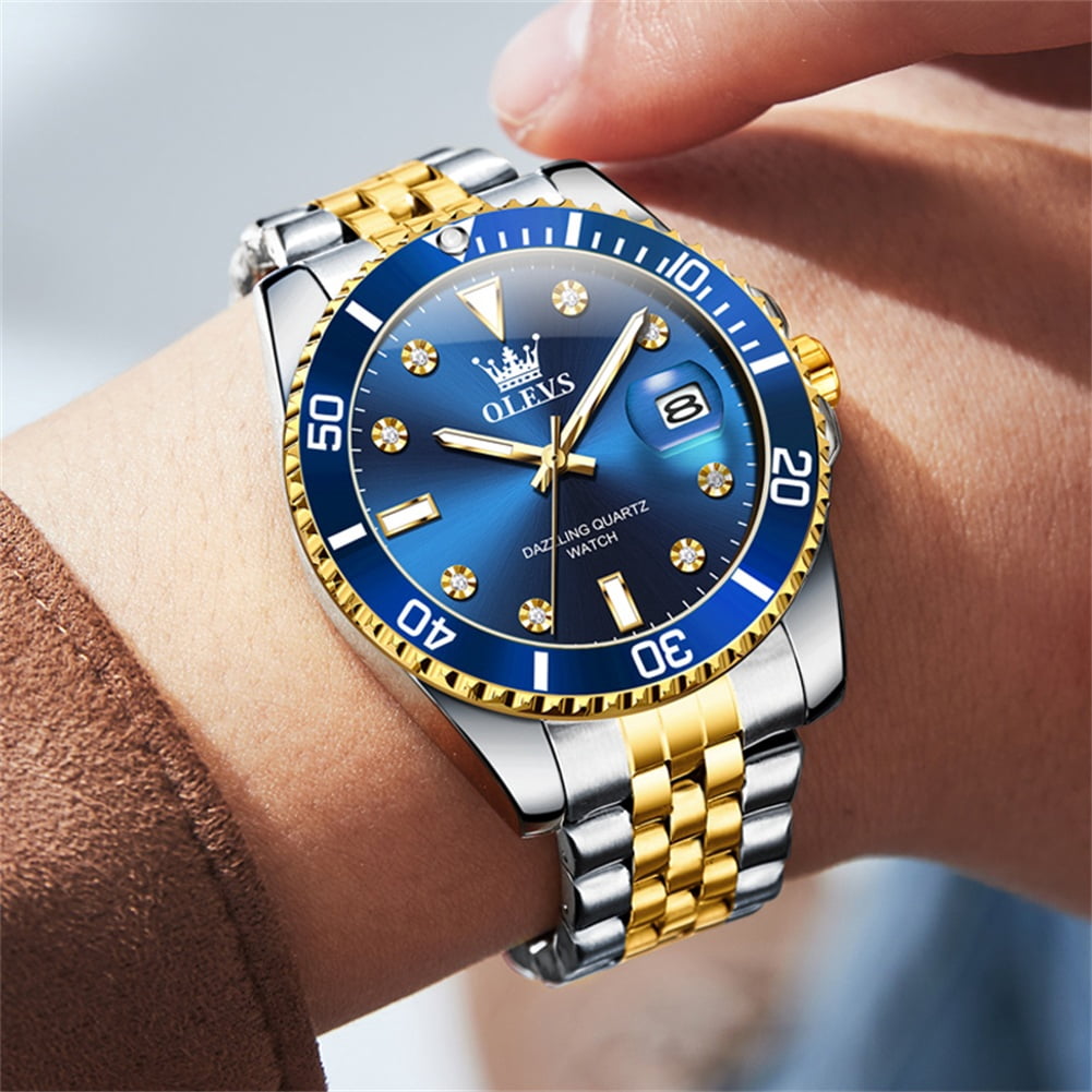 OLEVS Watch for Men Stainless Steel Business Dress Luxury Diamond Big Face Waterproof Mens Watches with Date Analog Wrist Men Watch Reloj para Hombre Blue Dial