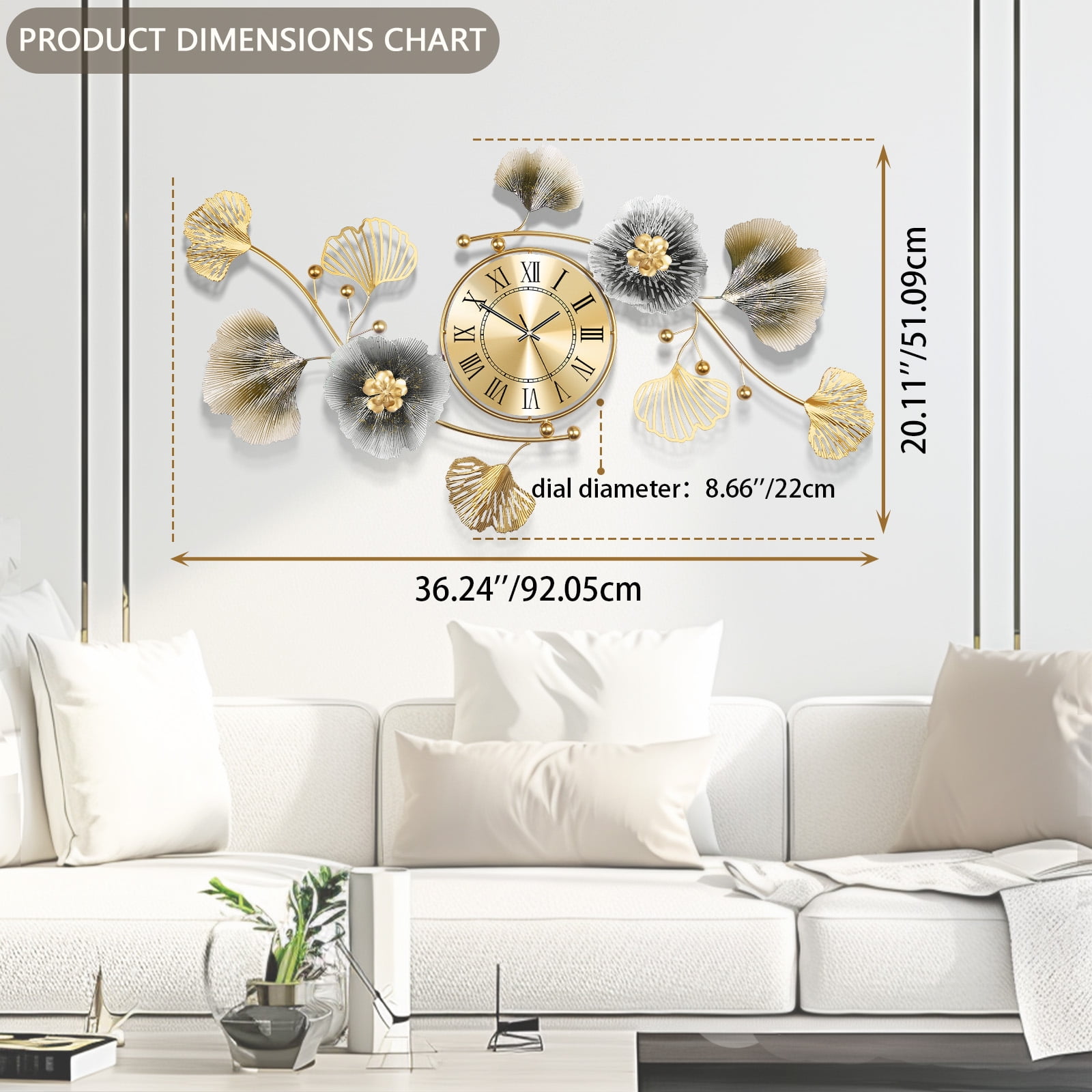 36"Large Wall Clock – 3D Metal Ginkgo Leaf Decorative Wall Clock, Non-Ticking Wall Clocks Battery Operated, Modern Clocks for Living Room, Gift-Ready for Home or Office