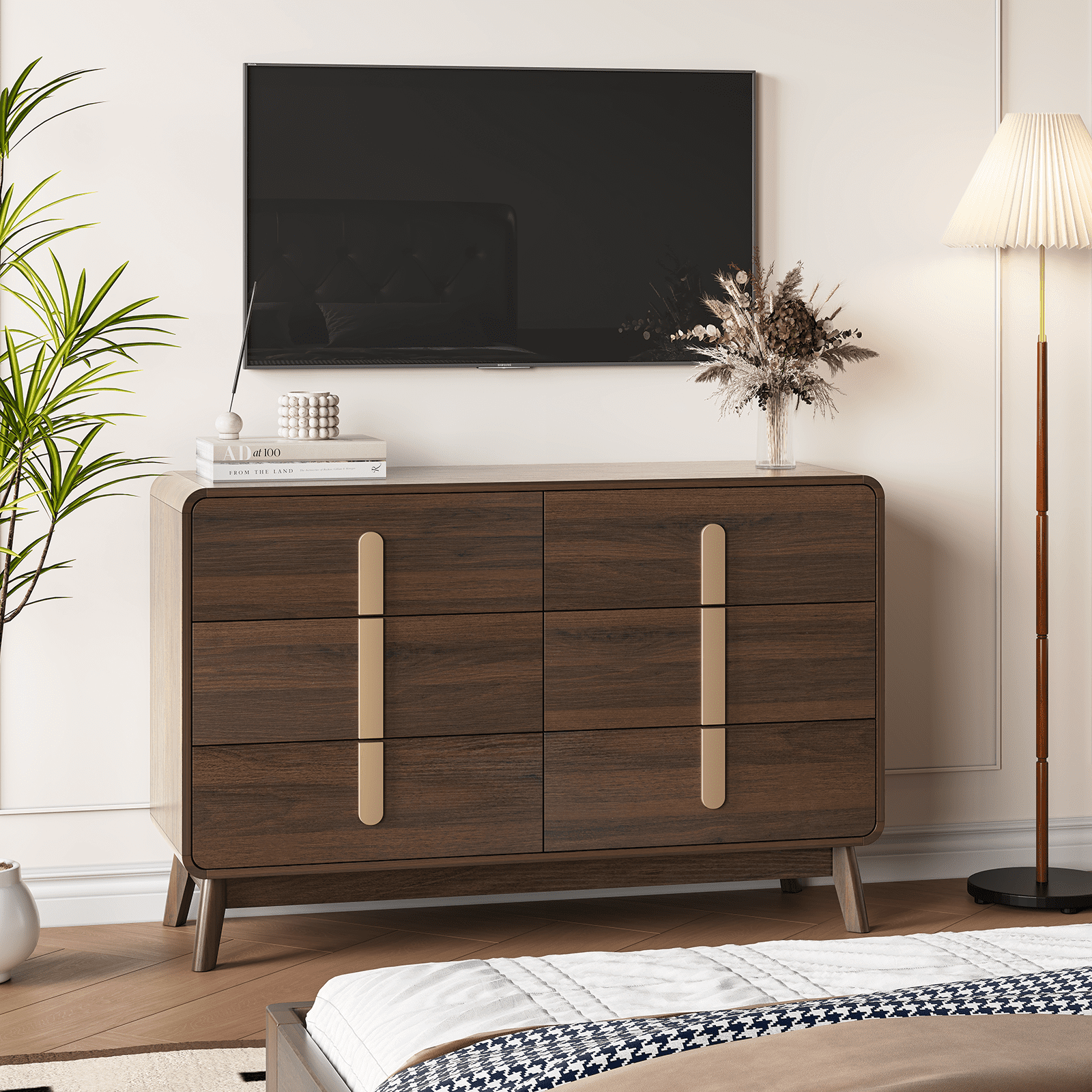 JOINICE Mid Century Modern 6 Drawer Dresser with Storage,Large Wood Drawer Organizer,for Bedroom,Black Walnut