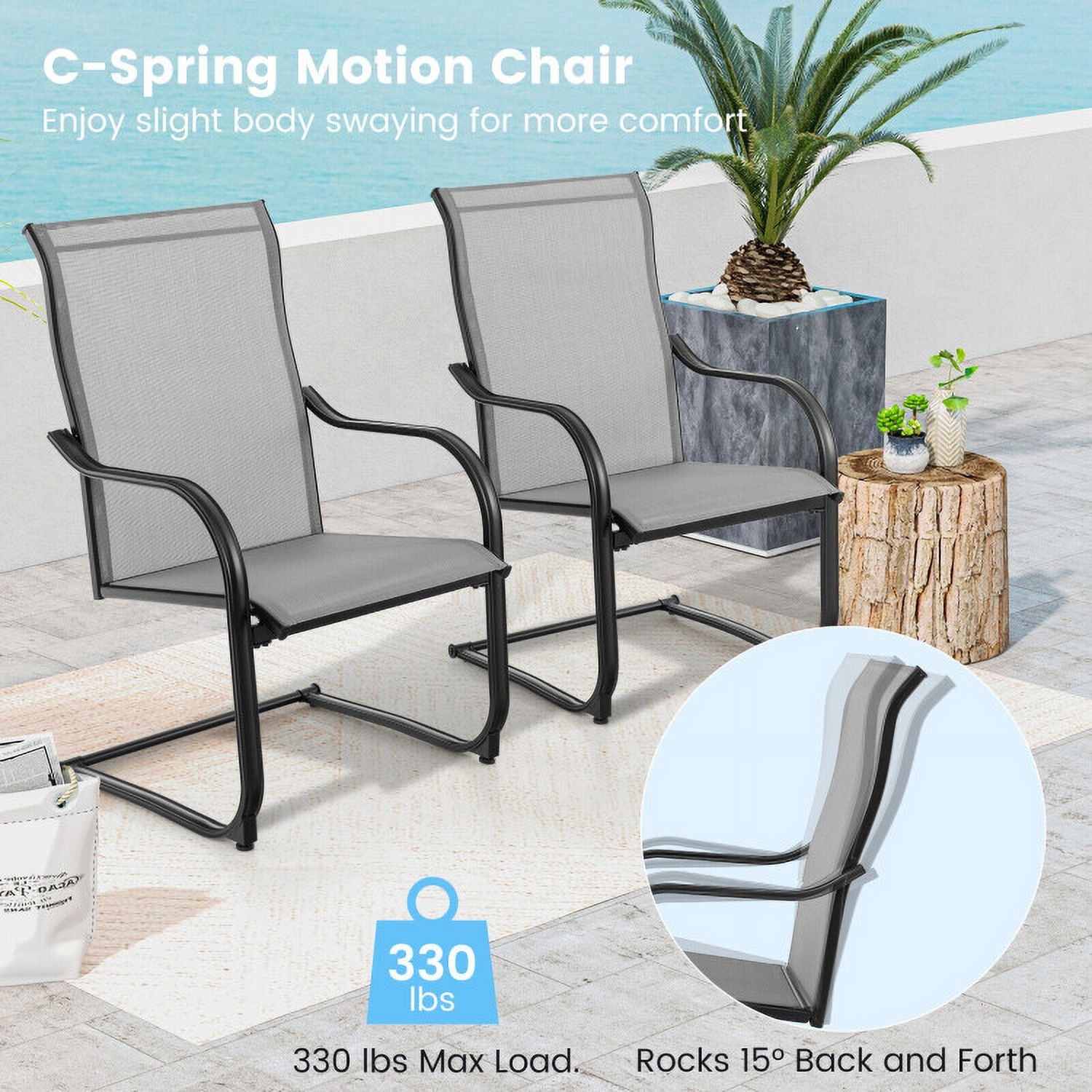 Aimee Lii 2 Pieces C-Spring Motion Patio Dining Chairs with Breathable Fabric, Outdoor Patio Set, Gray