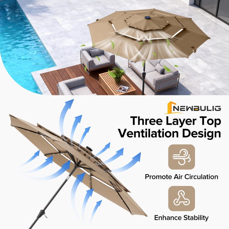 Gianna 10 FT 3-Layer Solar Patio Umbrella, 32 LED Lights Market Umbrella with Adjustable Tilt, 8-Rib Outdoor Sunshade for Backyard, Deck and Poolside，Khaki