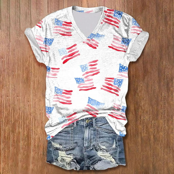 Elvqul Independence Shirts for Women American Flag Tops Patriotic White V-Neck Fourth of July Pullover Juniors Blouses Short Sleeve