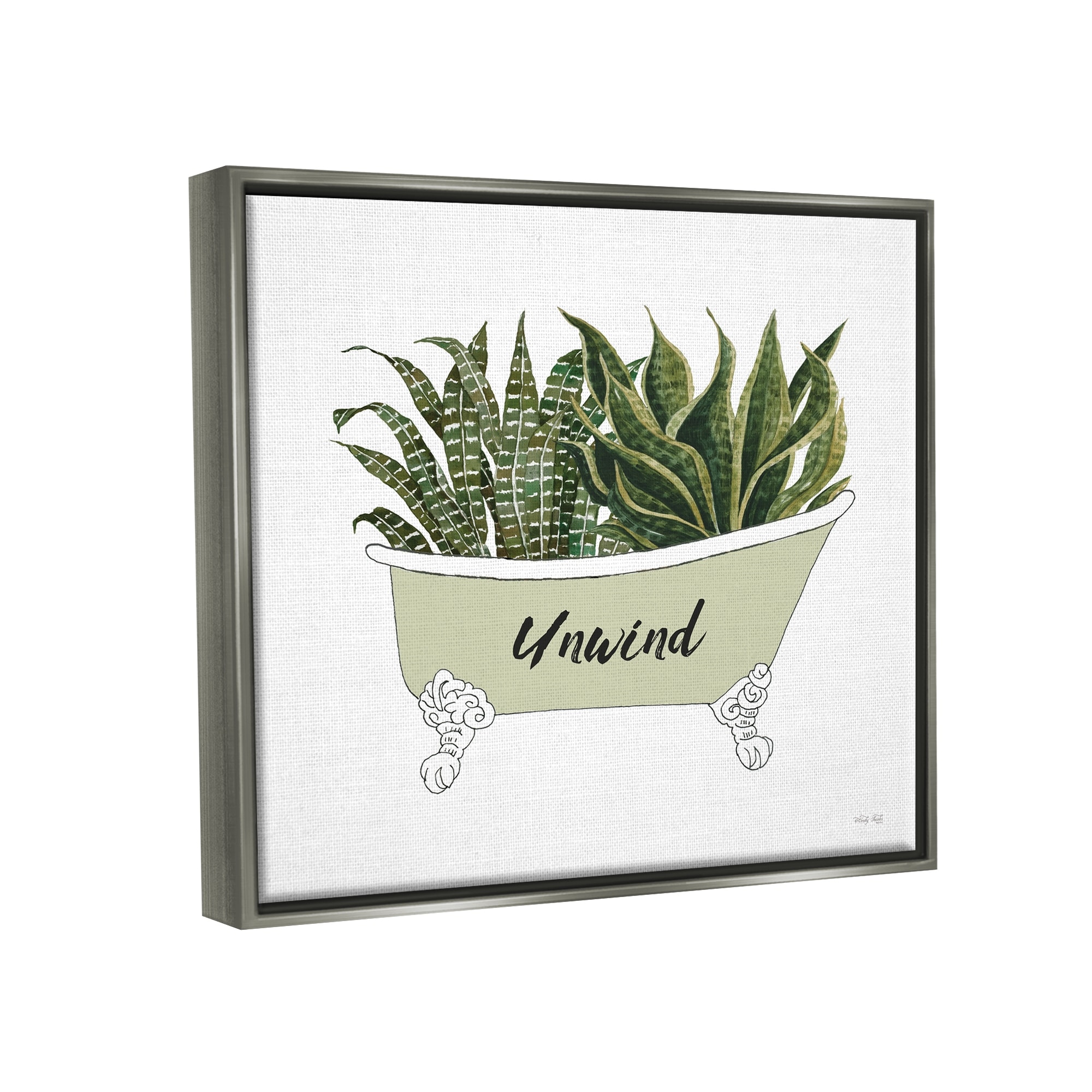 Stupell Industries Snake Plant in Tub Unwind Bath Typography Graphic Art Luster Gray Floating Framed Canvas Print Wall Art, Design by Cindy Jacobs