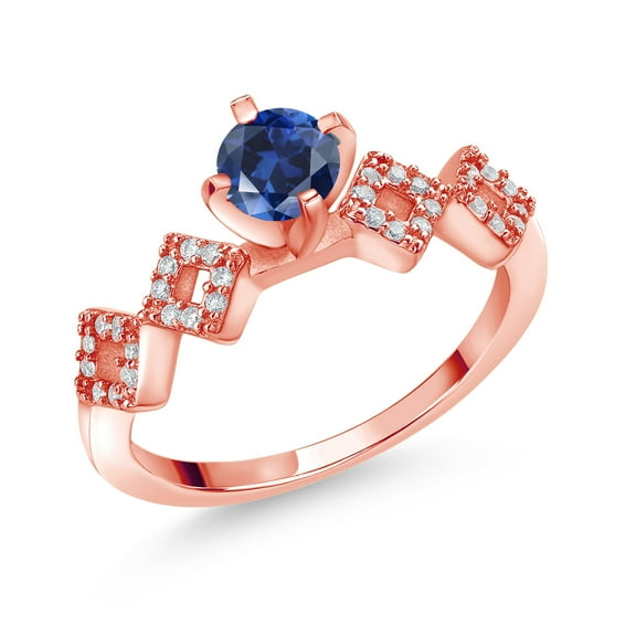 Gem Stone King 0.98 Ct Round Blue Created Sapphire 18K Rose Gold Plated Silver Ring (Size 8)