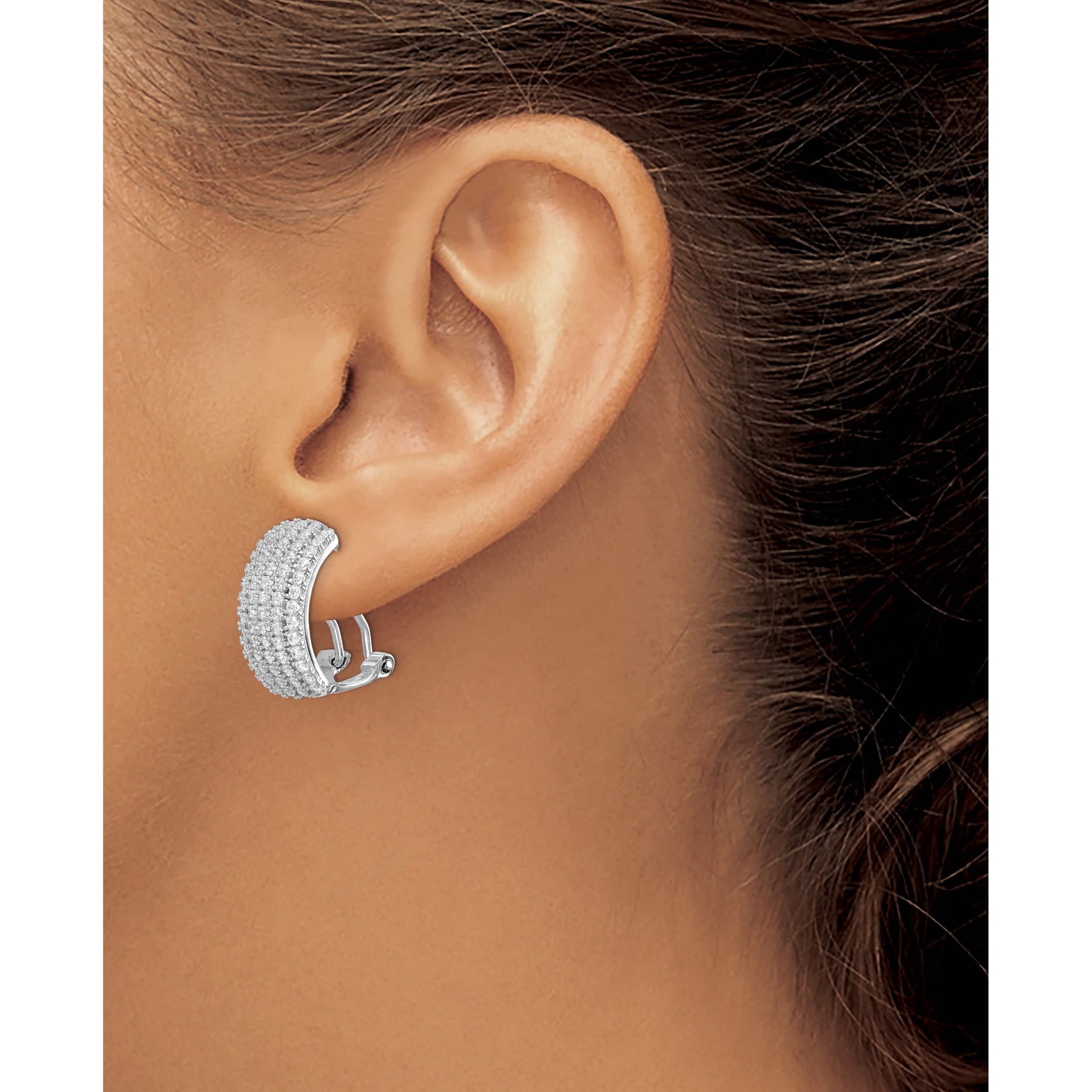Sterling Silver Rhodium-Plated Cz 5-Row Omega Back Earrings (19.46 X 16.45) Made In China qe14943