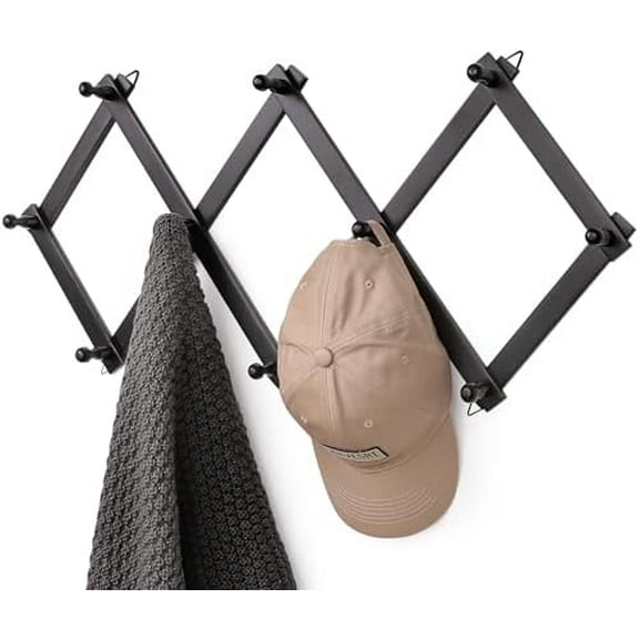 Wall Rack with 10 Hooks, Wooden Wall Expandable Coat Rack for Coat, Hats, Baseball Caps, Coffee Mug, Jewelry(Black)