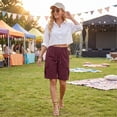 thumbnail image 3 of Cargo Shorts Women Bermuda Shorts Summer Quick Dry High Waisted Long Shorts Drawstring Pull on Knee Length Plus Size Ladies Athletic Hiking Shorts with Pockets Wine XL, 3 of 7