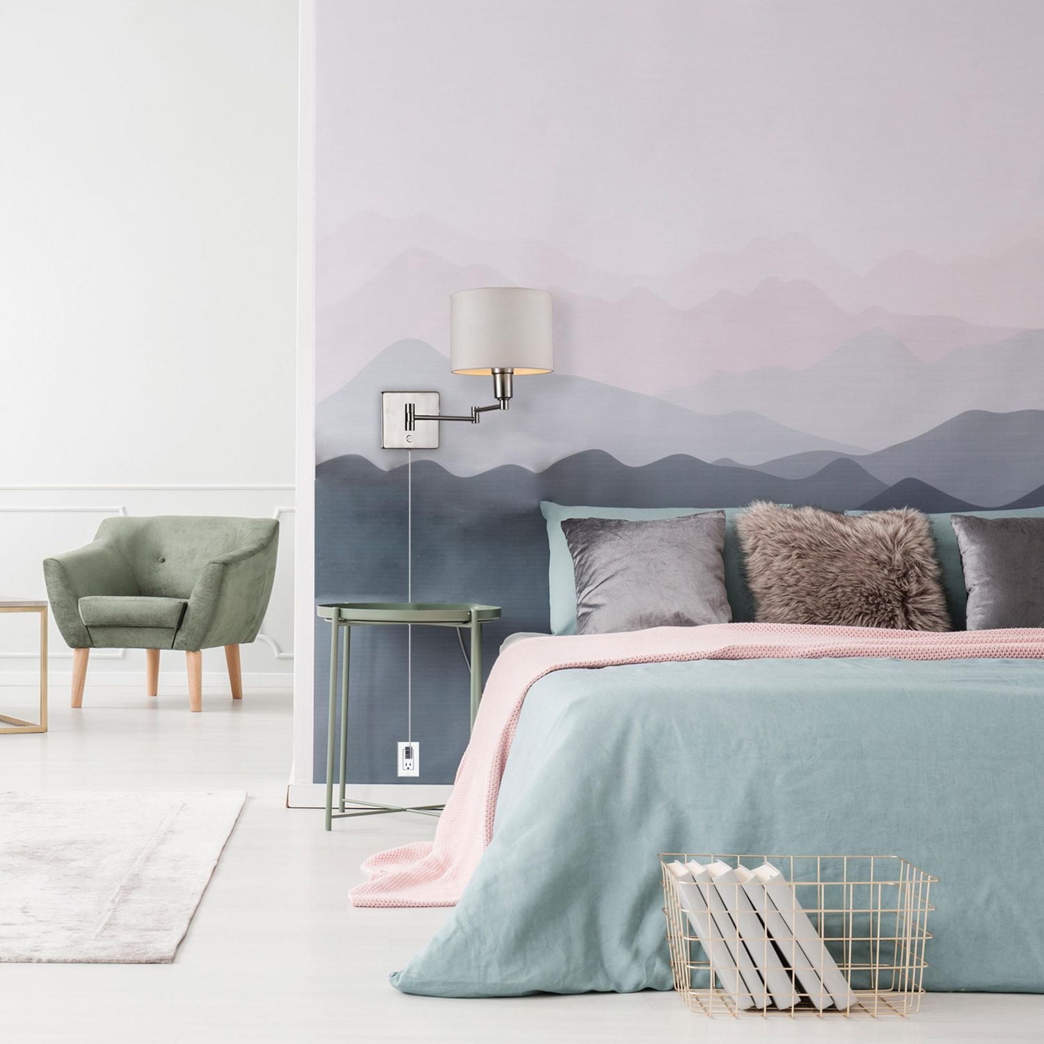 Globe Electric Bernard 1-Light Plug-In or Hardwire Metal Wall Sconce, Brushed Steel Finish, White Fabric Shade, 6ft Clear Cord, Rotary On/Off Switch, 65292