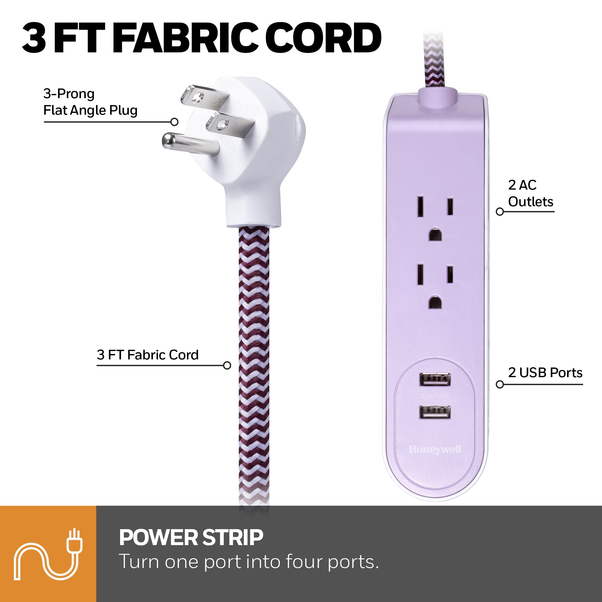(3 pack) Honeywell Powerstrip with 2 AC Outlets, 2 USB Ports, 3 ft. Fabric Cord (Lavendar/White)