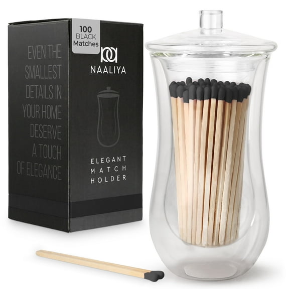 Naaliya Decorative Matches in a Jar with Striker | 100 Long Matches for Candles (4 Inch Matches) | Elegant Double Wall Glass Match Holder with Striker | Black Matches