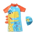 thumbnail image 2 of Traje de baño de una pieza de manga corta con protección solar para playa, aguas termales, traje de baño con sombrero para niño pequeño, dinosaurio azul y blanco, M (80-90 cm, 10-13 kg), 2 of 5